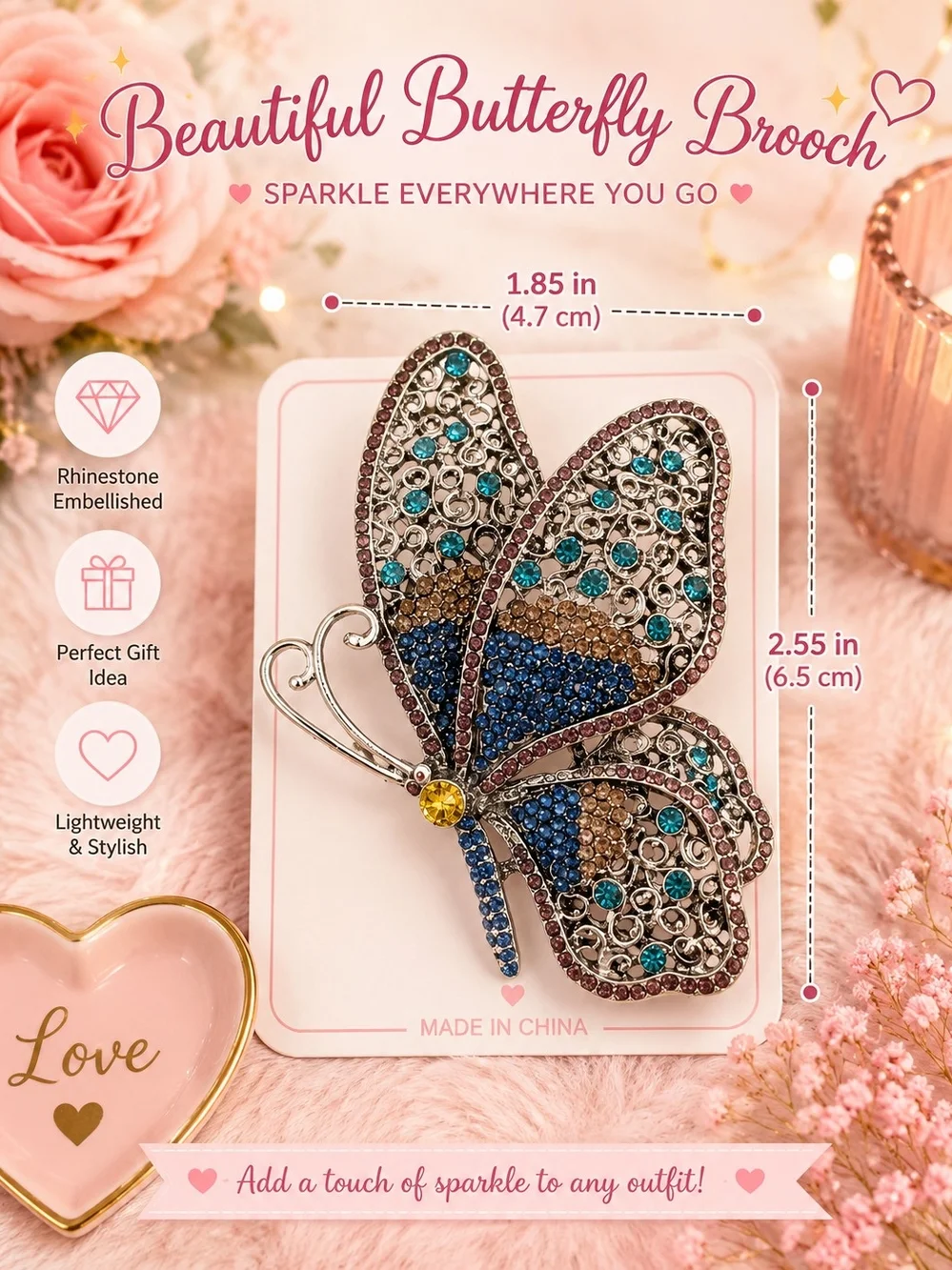 Rhinestone Butterfly Brooch - Multicolor Sparkle Accent